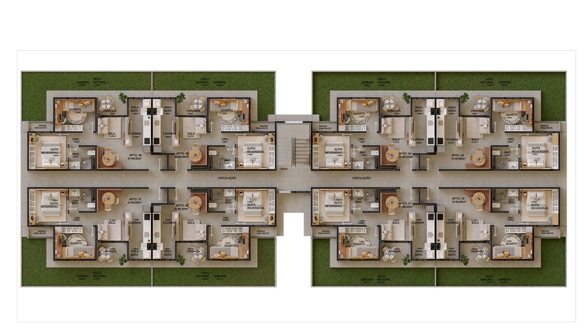 Planta geral do pavimento do Urban Caruaru, com a disposição dos apartamentos.